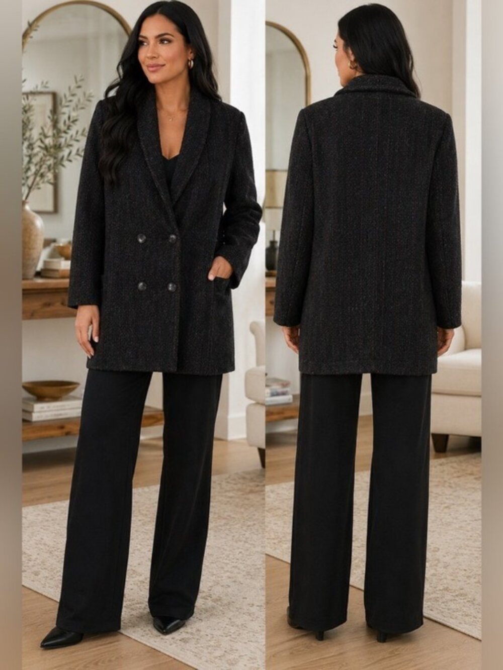 Julia Klein Vintage Wool Coat Womens 12 Black Red Double Breasted Made USA